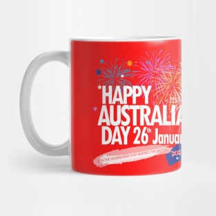 Happy Australia Day 26th January inscription poster with Australian Flag, Australia Map, stars and fireworks. Funny Australia, Patriotic National Holiday Festive Poster for gifts and clothing design. Festival Event decoration. Mug